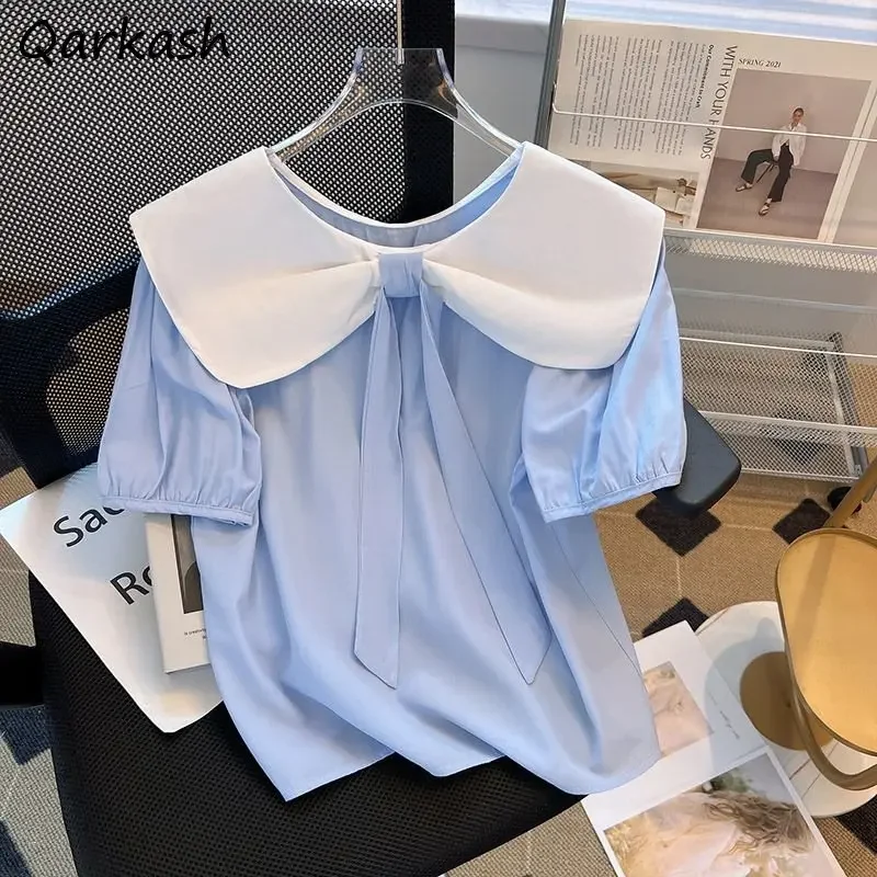 

Kawaii Peter Pan Collar Blouses Women Loose Sweet Schoolgirls French Short Sleeve Tops Summer Casual Fashionable Streetwear New
