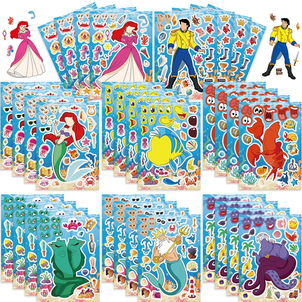 8/16sheets Disney Little Mermaid Cartoon Stickers DIY Kawaii Ariel Sticker Decals Scrapbooking Phone Suitcase Laptop Puzzle Toys