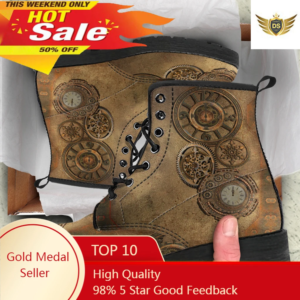 

Retro Clock Design Women Short Ankle Boots New Autumn Leather Boots For Lady Classic All-match Female Booties Print On Demand