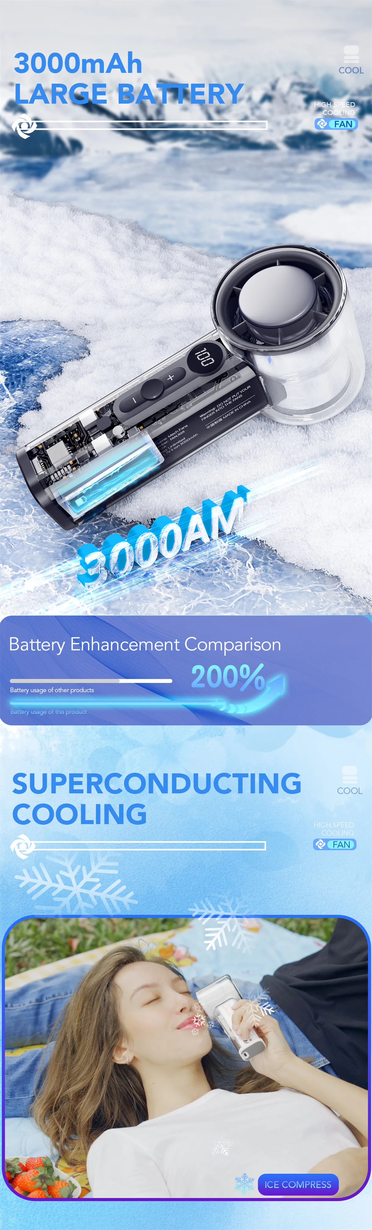 Description Picture 5 of itemIce Compress Portable Fan Semiconductor Refrigeration High-speed Fan USB Rechargeable Handheld Outdoor Turbo Fan Air Conditioner