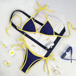 Vibrant Deep Blue Bikini Set with Yellow Trim - XXS (YELLOW)