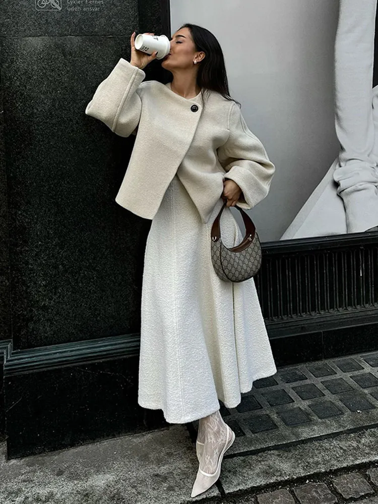 Elegant Solid Round Neck Button Up Short Coat Women Fashion Long Sleeved Jacket 2024 New Autumn Winter Lady Commute Street Wear 4