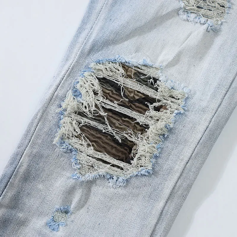High Street Fashion Men Jeans Retro Light Blue Stretch Skinny Fit Ripped Jeans Men Patched Designer Hip Hop Brand Pants Hombre