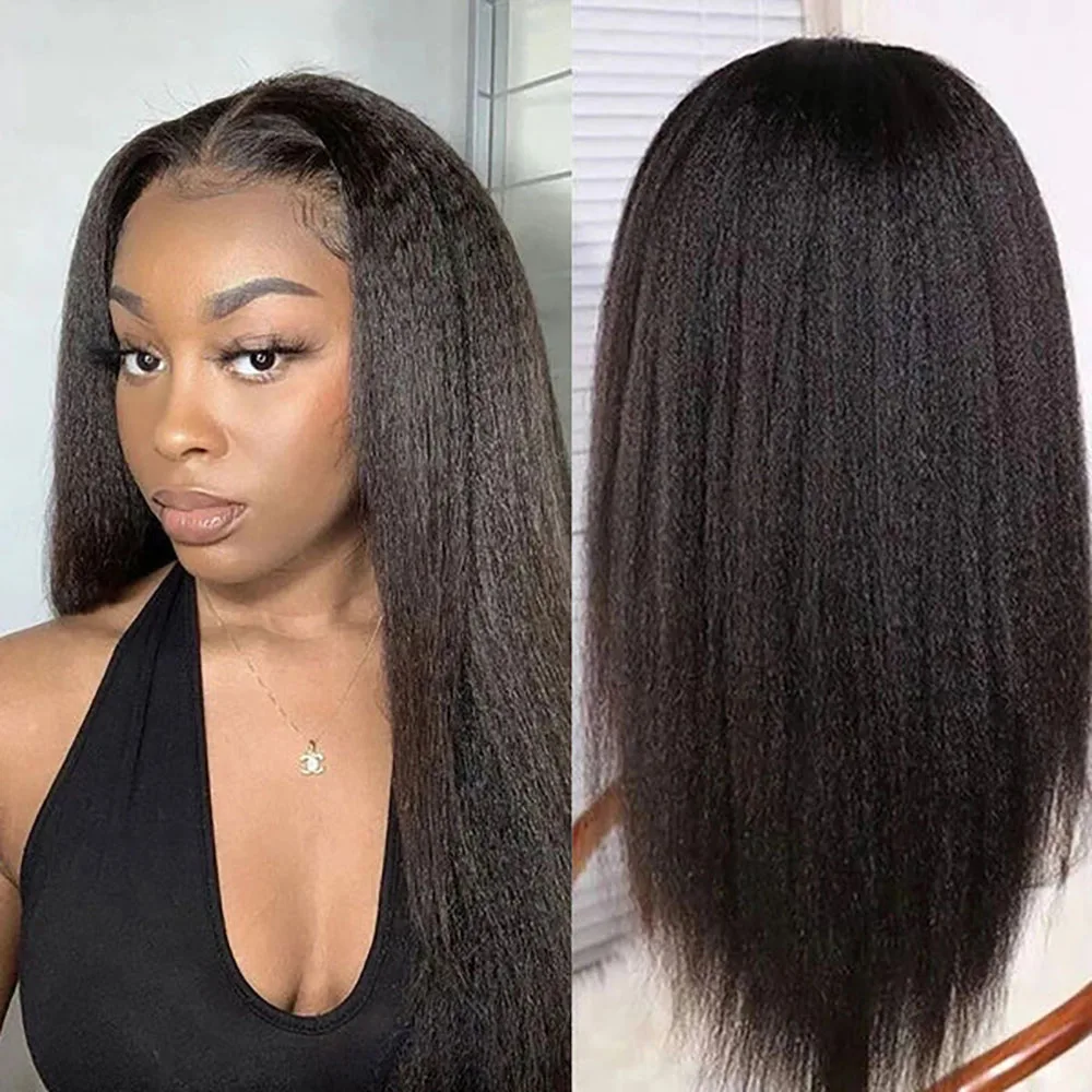 Kinky Straight Lace Frontal Human Hair Wigs Brazilian 32 Inch Yaki