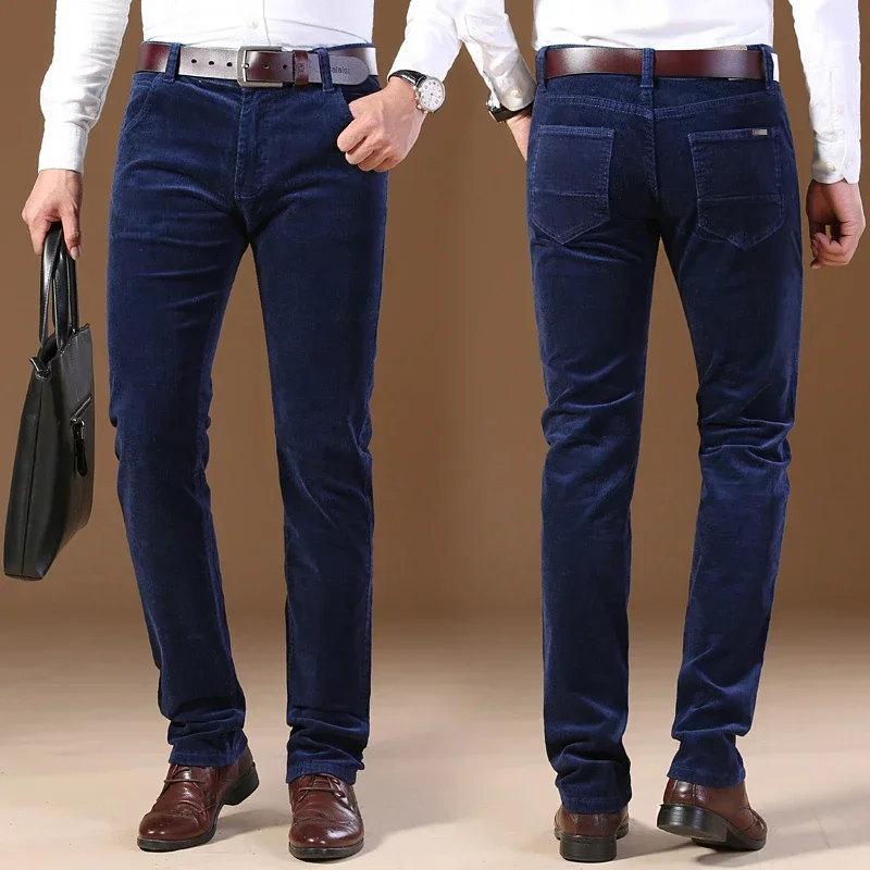 2023 Winter Men's Corduroy Casual Pants Business Fashion Solid Color Elastic Regular Fit Trousers Male Black Khaki Coffee Blue 4