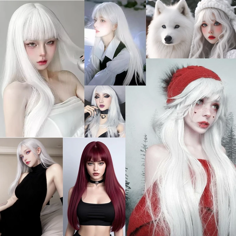 Synthetic Long Straight Hair Wig Lolita Wig With Bangs Girl Cute Ombre White Haired Girl Cosplay Party Halloween Harajuku Wig