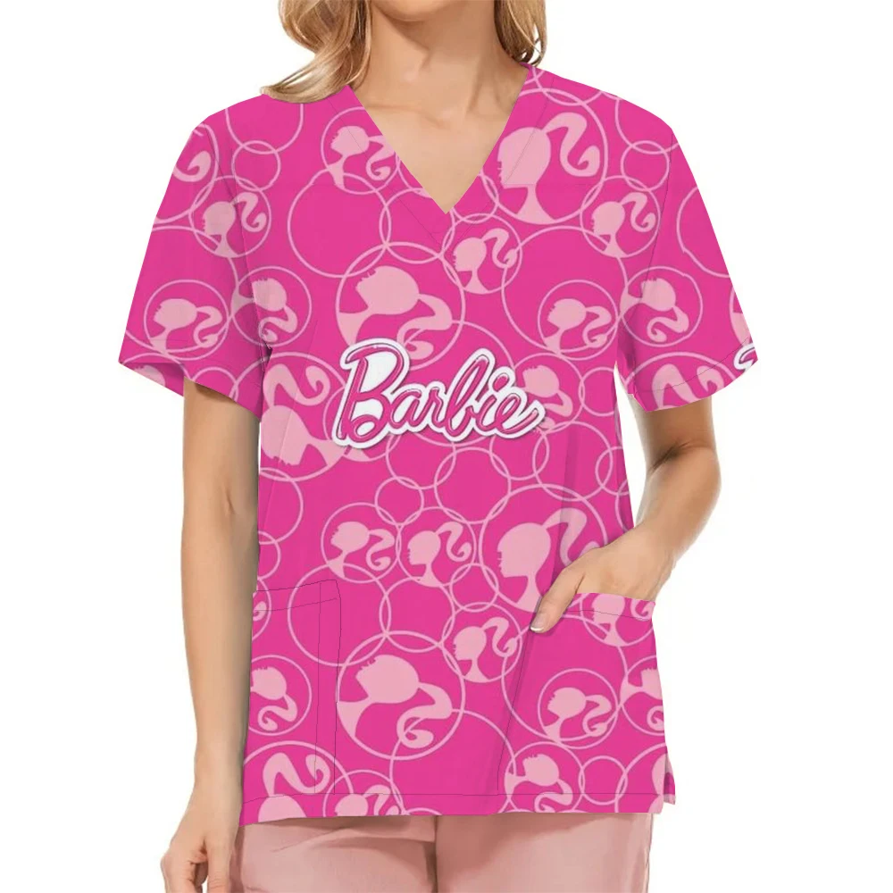 

Barbie print Pink Nursing Scrubs Tops Women Nurse Uniform V-neck Pocket Overalls Medical Uniforms Animal Uniforme Enfermera