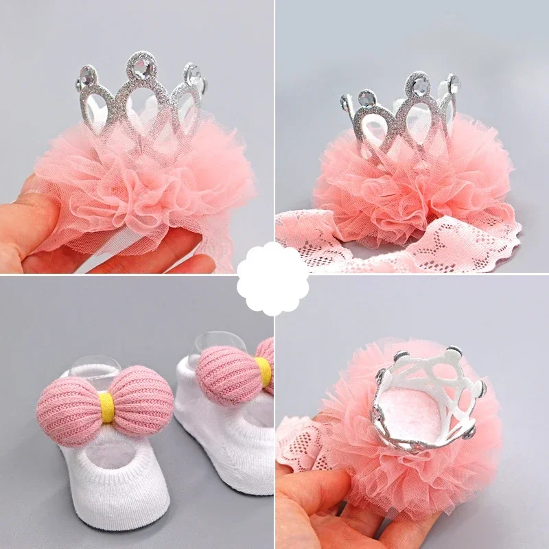 3Pcs/Set Baby Girl Headband Socks Set Lace Flower Bows Newborn Hair Bands Headbands for Girls Turban Baby Hair Accessories Gifts 6