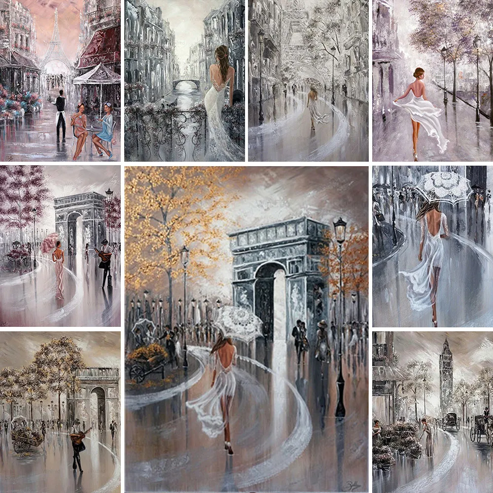 Scenery Paris Lady Printed Canvas Cross-Stitch Embroidery Complete Kit Sewing Painting Hobby Craft Room Decor Promotions