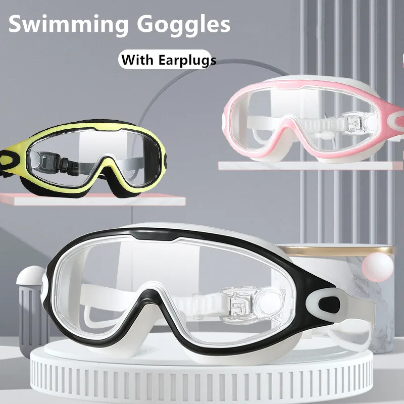 Big Frame Swimming Goggles Adults with Earplugs Swim Glasses Men Women Professional HD Anti-fog Goggles Silicone Eyewear 2