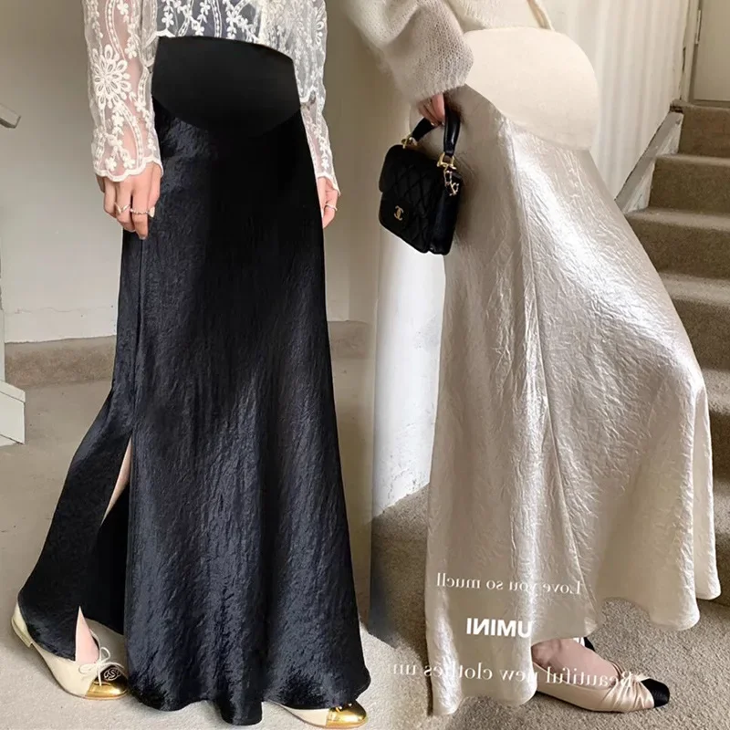 Maternity High Waist Asymmetrical Satin Fish Tail A- Line Skirt Women Summer Fashionable Wrap around Belly Support Skirts