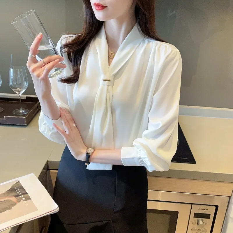 오피스 레이디 쉬폰 블라우스 및 상의, 긴팔 화이트 셔츠, 타이 V넥 루즈 셔츠, 여성 의류, 신상 패션