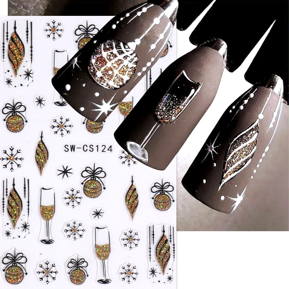 Nail Stickers 3D Blue Gold Glitter Christmas Snowflake Star Bow Bell Wine Glass Gift Winter Xmas New Year French Manicure Tip