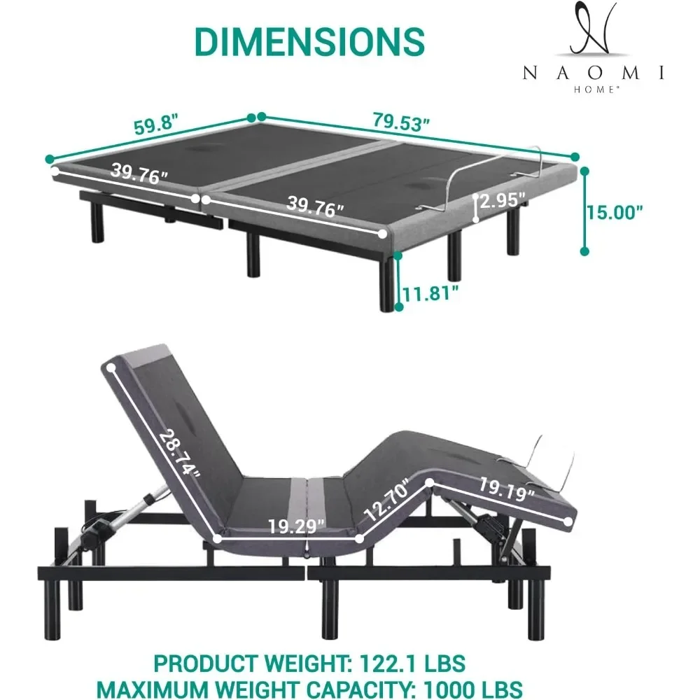Queen Adjustable Bed Frame with Support Foot Incline, Back Massage Bed with Wireless Remote Ergonomic Zero-Gravity Smart Bed 2