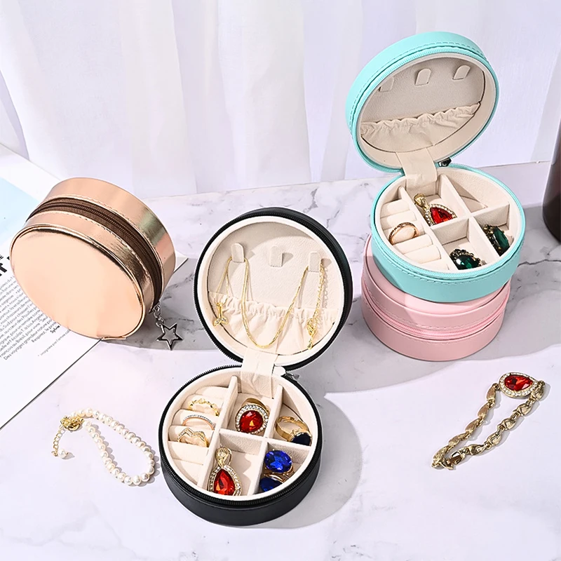 

Colorful Circular Jewelry Box Portable Ring Necklace Pendant Storage Case Wedding Marriage Proposal Gift Holder Containe