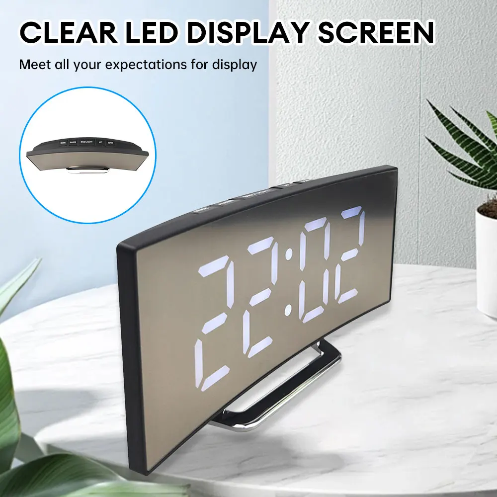 LED Curved Electronic Clock With Sleep Temperature Mirror Alarm Clock  Bedside Silent Clock  For Students Bedroom Living Room