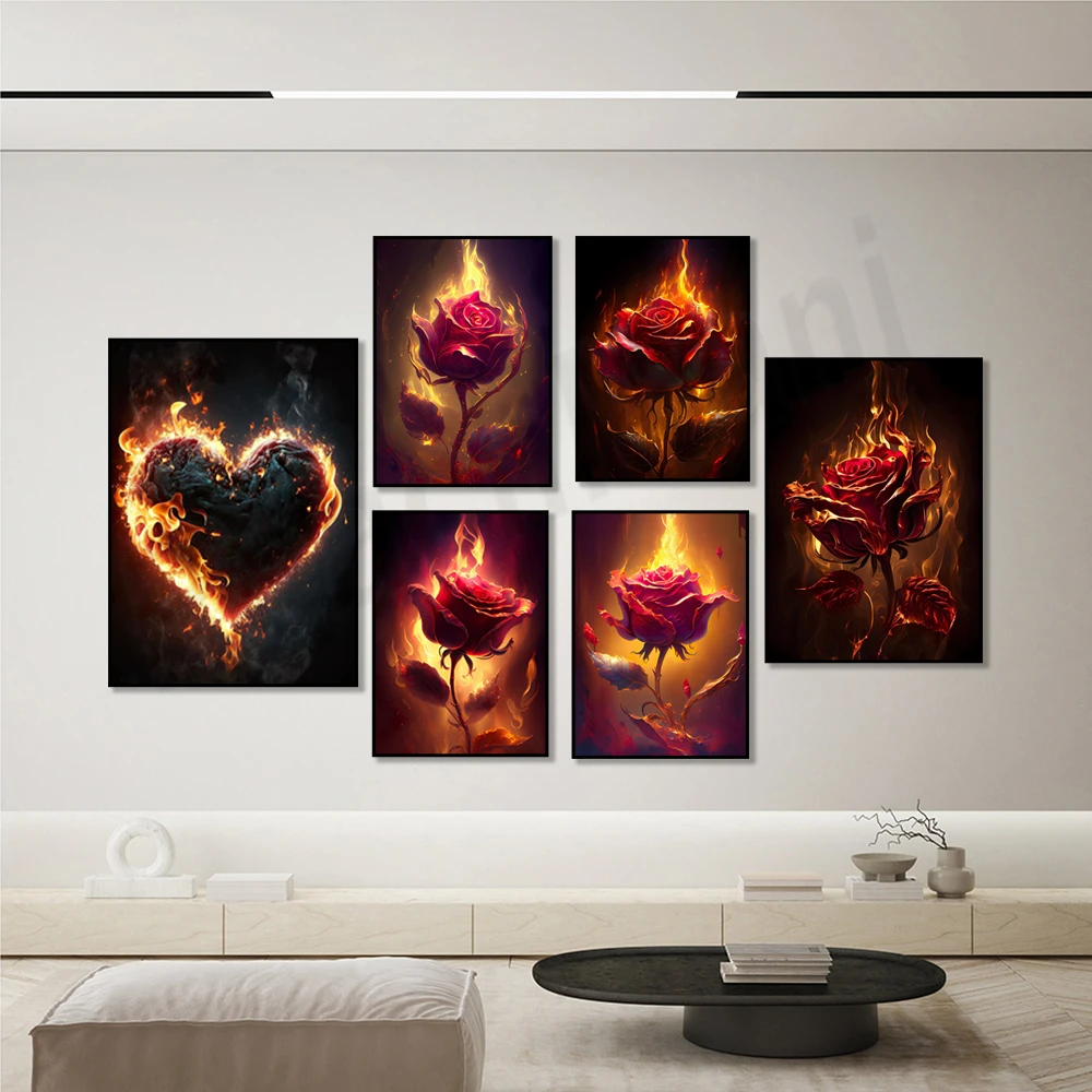 

Fiery Affection, Burning Love Poster Aesthetic Red Rose Canvas Print Wall Art Home Office Florist Lover Room Decor