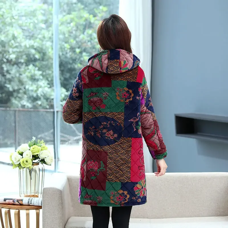 Winter Women's Clothing Mid-length Cotton Coat Korean Fashion Fleece Thickened Cotton Clothing Plus Size Printing Keep Warm