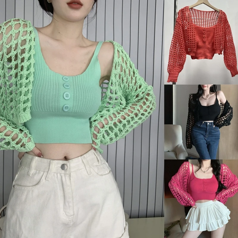 

Womens Hollow Out Crochet Solid Color Long Sleeve Sweaters Cardigan Button Front Spaghetti Strap Rib Knit Cami Crop Top