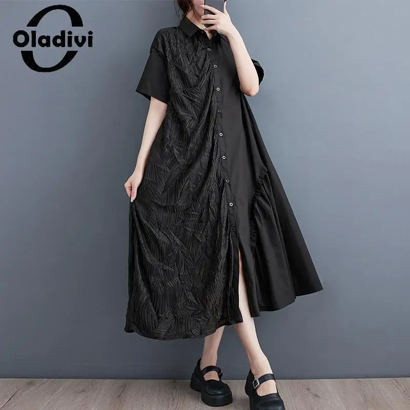

Oladivi Short Sleeve Oversized Pleated Dress for Women 2023 Spring Autumn New Casual Loose Midi Dresses Long Tunic Robe 3XL 8018