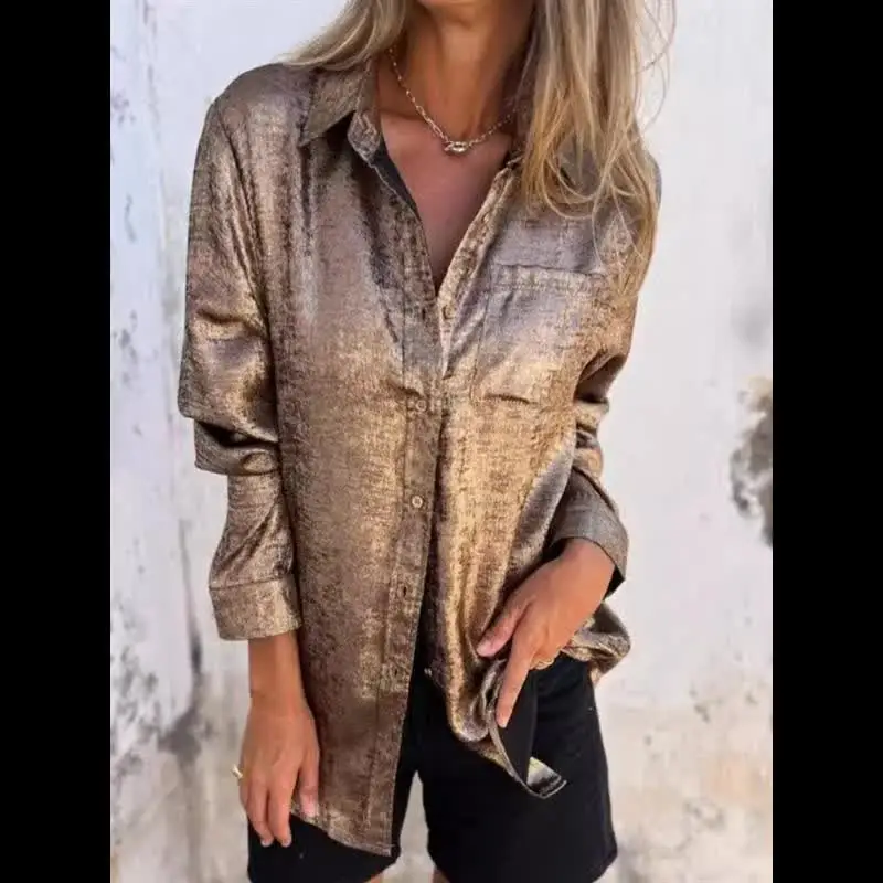 Весна-лето женская блестящая золотая модная блузка с длинными рукавами