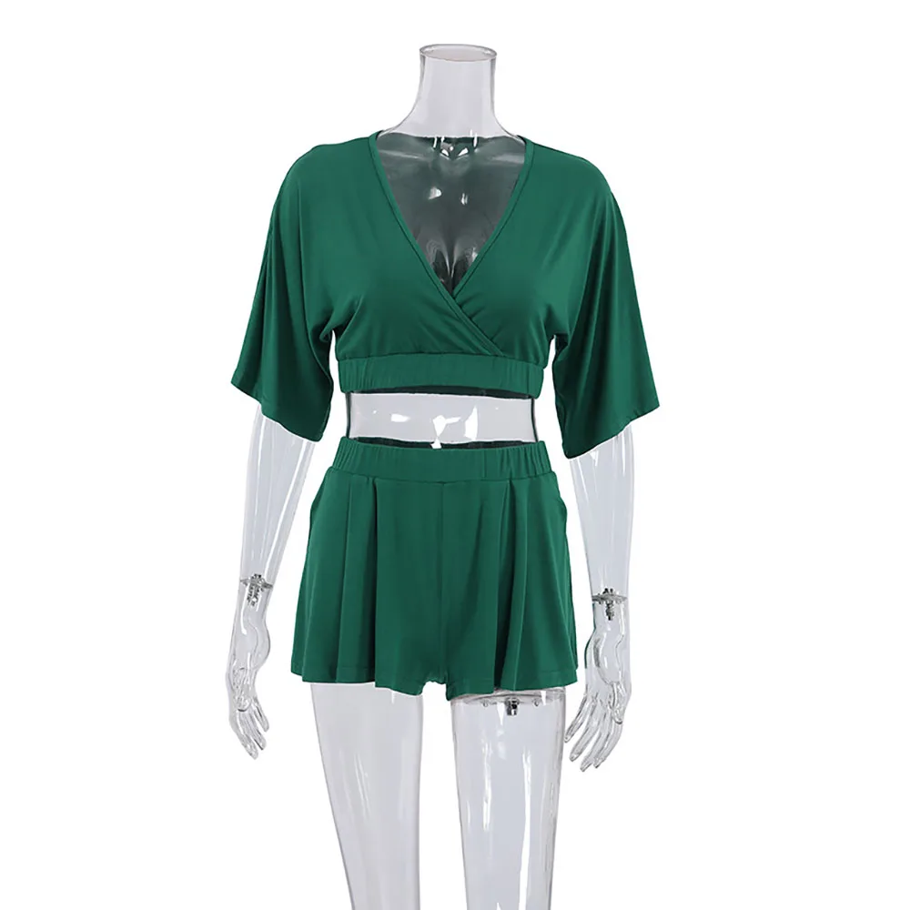2024 Spring Summer New Knitted Pajamas For Women Cotton Silk Green Short Sleeved Shorts Sleepwear Set Sexy Thin Home Nightgown