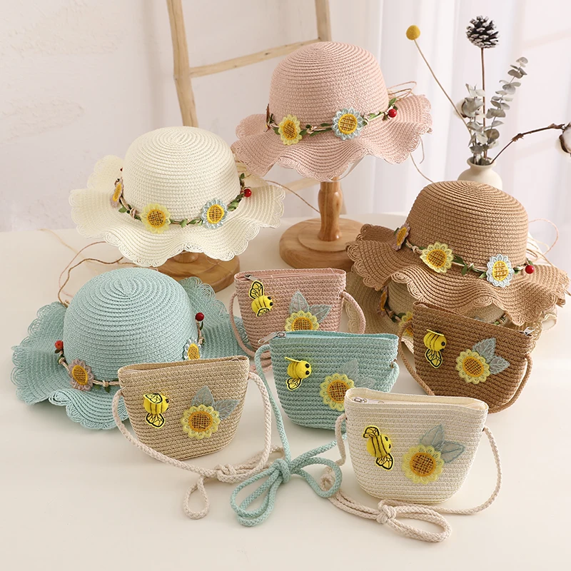 Sun hat sun protection hat Summer child casual butterfly straw hat handbags Sets Kid girls Outdoor holiday panama cap straw bags