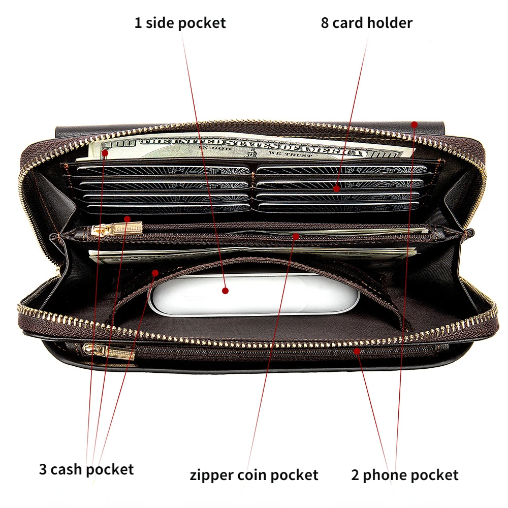 Genuine Leather Clutch Bag for Men Luxury Designer Zipper Wallets Bag Casual Male Long Purse Handbag Phone Pocket Large Capacity