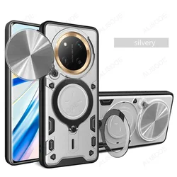 Durable Shockproof Armor Case with Slide Camera Cover and Ring Stand for Honor X9C 5G (Silver)