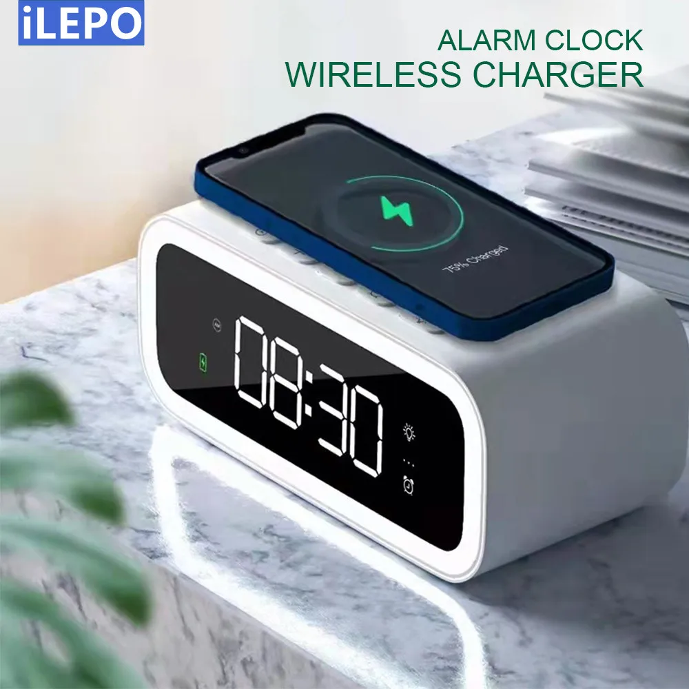Ilepo Alarm Clock Wireless Charger With Led Night Light For Iphone