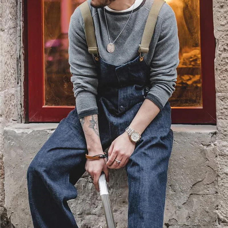 Cargo Jeans Jumpsuit Retro Navy Strap Pants Spring Autumn Washed Straight Jeans Mens Fashion Pantalones Vaqueros Hombre Size 5XL