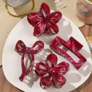 4Pcs Autumn Winter Burgundy Bow Square Flower Hair Claw Clips for Women MultiStyle Red Fashion Hair Accessories Headwear Hairpin
