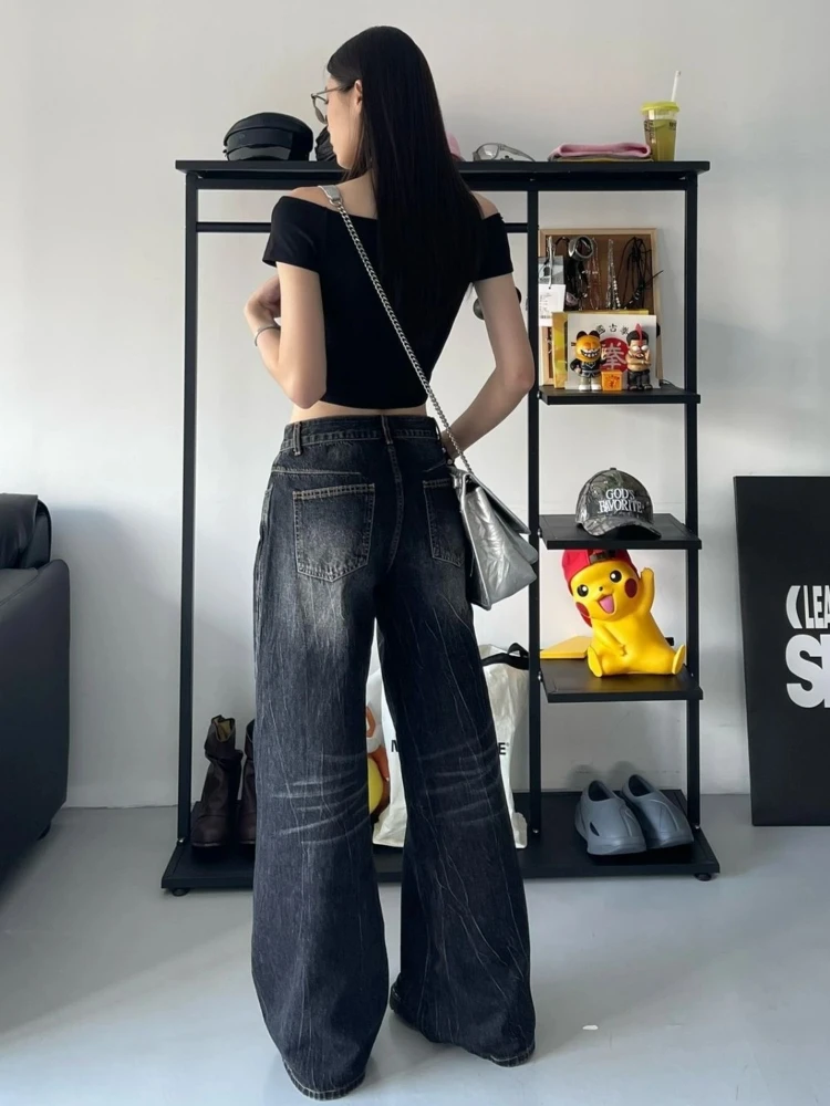 ADAgirl Black Baggy Jeans Women Harajuku Vintage Oversize Do Old Korean Wide Leg Denim Pants Y2k Causal Straight Female Bottoms