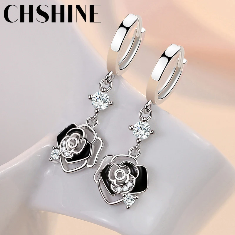 CHSHINE 925 Sterling Silver Black Rose Flower Earrings for Women's Wedding Gifts Fashion Jewelry - Image 3