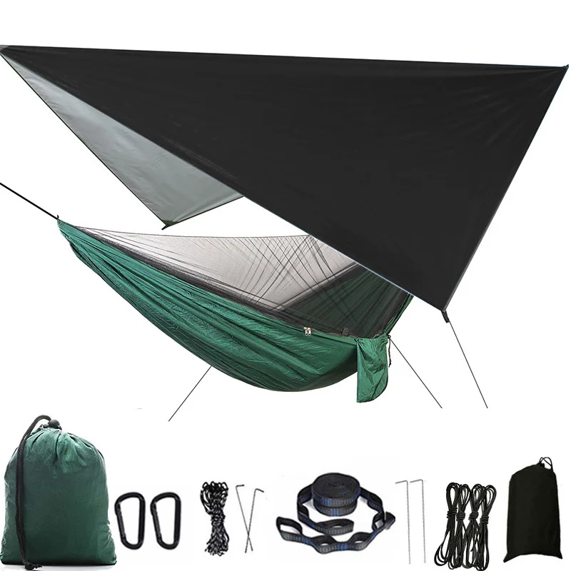 Camping Hammock Mosquito Net and Rain Fly Tarp Portable Tent Parachute Hammock with Tree Strap Indoor Outdoor Backpacking Travel 