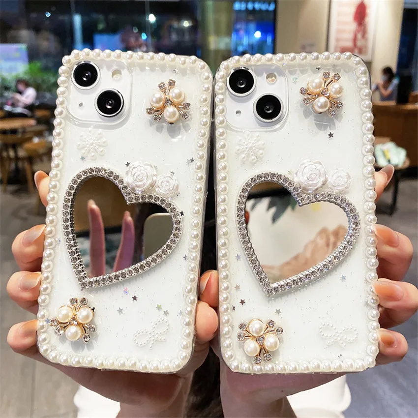 Luxury Rhinestone Perfume Bottle Hidden Makeup Mirror Bracket Phone Case  For iPhone 14 13 12 11 Pro Max XR XS 8 Plus Soft Cover