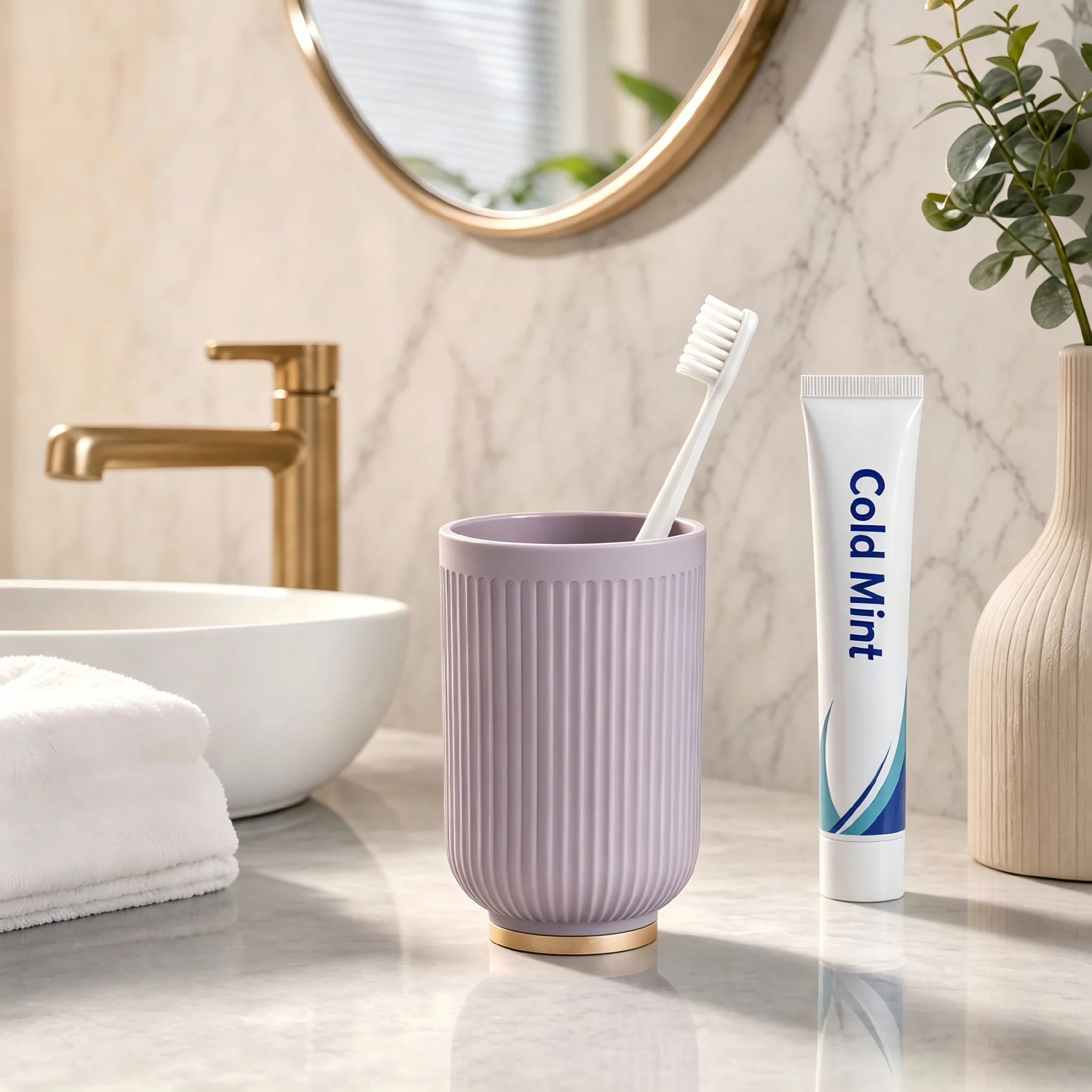 Copos para enxaguante bucal listrados em 5 cores com base de bambu, copos de ABS, porta-escova de dentes, estilo leve e luxuoso, organizador de banheiro._voghion.com