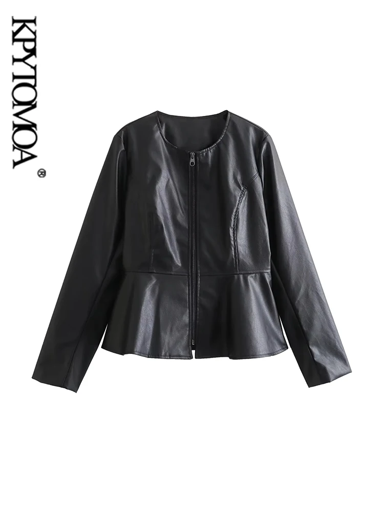 

KPYTOMOA-Женская куртка из искусственной кожи, пальто с длинным рукавом, молния спереди, женская верхняя одежда, шикарные топы, мода