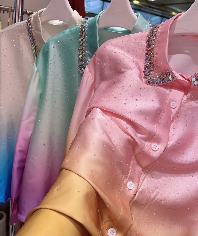 European Style 2024 Spring New Full Rhinestone Gradient Rhinestone Age-Reducing Mercerized Shirt For Women's Long Sleeved Blouse