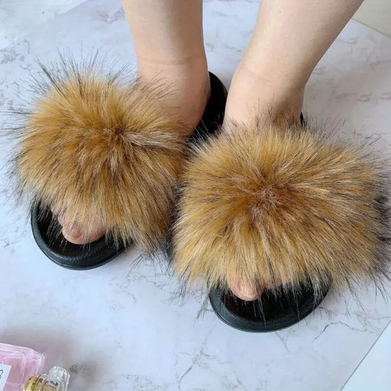 여성용 인조 모피 슬라이드 슬리퍼, 오픈 토 슬립온 플랫 실내 봉제 슬리퍼, 홈 침실 퍼지 슬리퍼