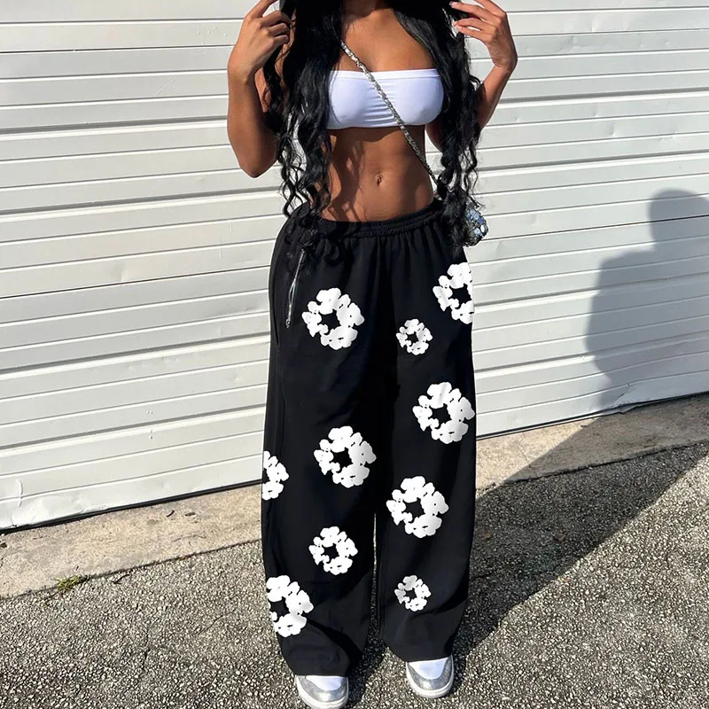 

Осенне-зимние уличные Свободные повседневные спортивные брюки, женские модные длинные брюки на молнии с цветочным принтом, высокой талией и широкими штанинами, клубная одежда