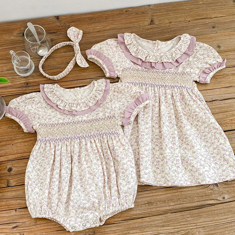 Summer Fashion Baby Girl Dress Lace Floral Toddler Girl Dress Infant Children Cotton Baby Bodysuit Family Matching Sister Outfit 3