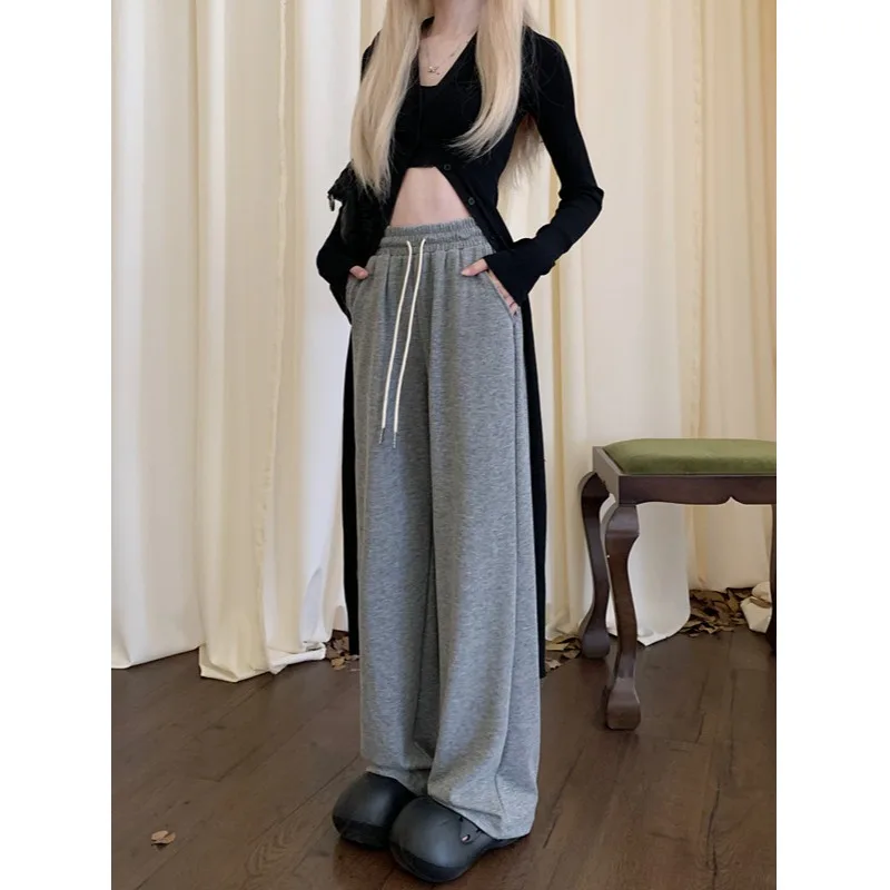 Drawstring Elastic Waist Grey Casual Wide Leg Pants For Women's Autumn Wear Dropped Straight Leg Pants Loose High Waist Pants