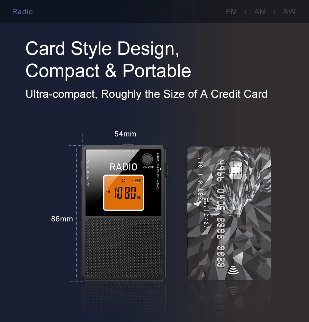 Mini Portable AM FM SW Radio Pocket FM Stereo Radios External Speaker Backlight Screen Rechargeable Radios with Wired Headset