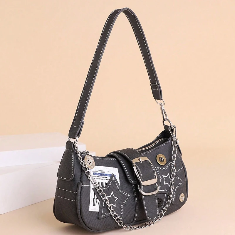 Y2k Fashion Women's Handbags Stars Pattern Cool Girls Underarm Bag Fashion Canvas Female Small Shoulder Bags Chain Tote Purses