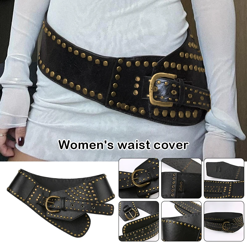 Gothic Punk Style Women PU Leather Waistband Asymmetric Belt Chic Rivet Stitched Leather Belt Aesthetic Retro Rivet Girdle