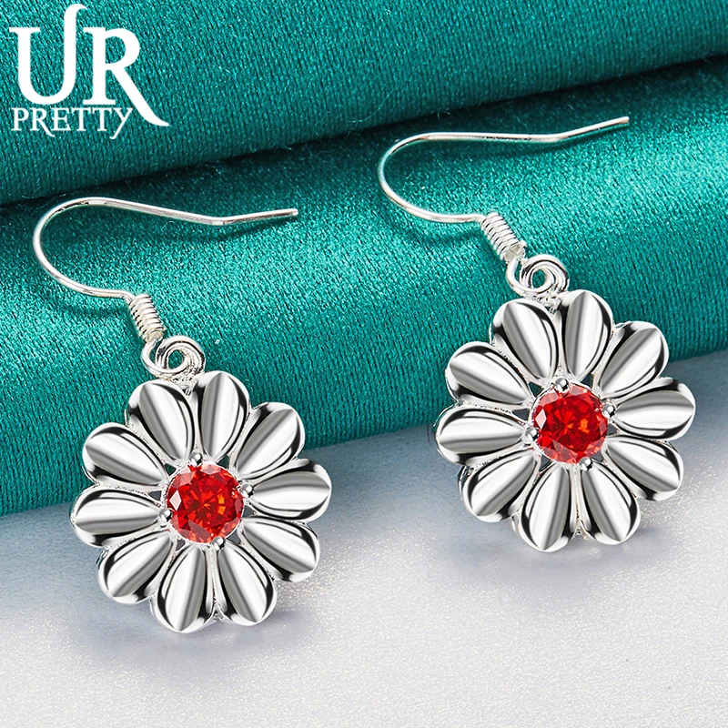 

URPRETTY 925 Sterling Silver Flower Zircon Drop Earring For Women Fashion Wedding Engagement Party Charm Jewelry