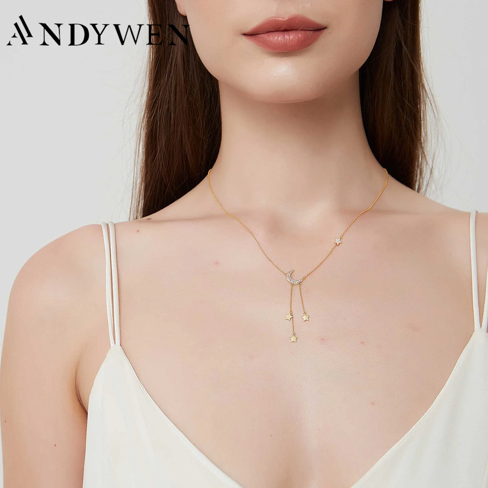 

ANDYWEN 925 Sterling Silver Gold Square CZ Charm Pendant Long Chain Necklace 2022 Winter Olive Red Christmas Luxury Jewelry