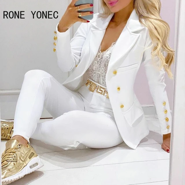 Conjunto de chaqueta blanca ajustada con cuello con muescas, botones y  bolsillos, elegante y liso, para mujer - AliExpress