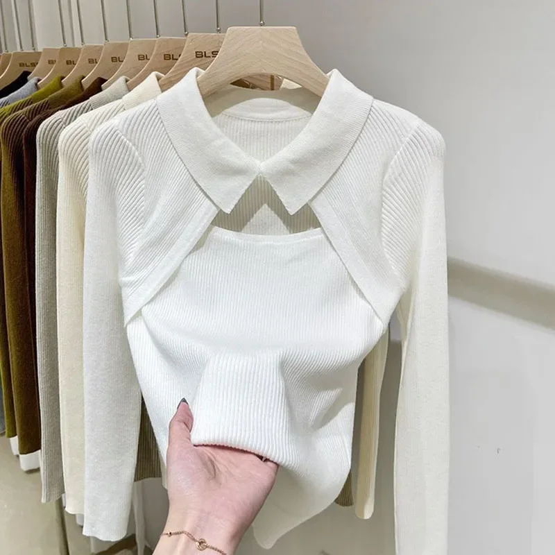 Hotsweet Sweater Hollow Polo Neck Slim Thin Women\'s Knit Long Sleeve Top Pull Jumper Casual Harajuku Undershirt American Hottie
